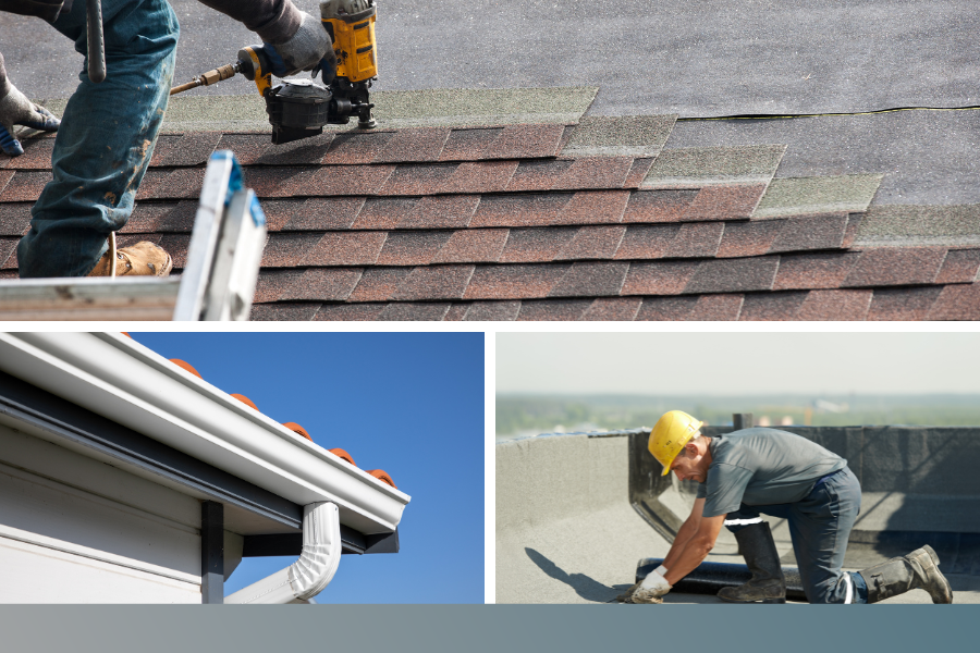 Roofers working and view of a gutter