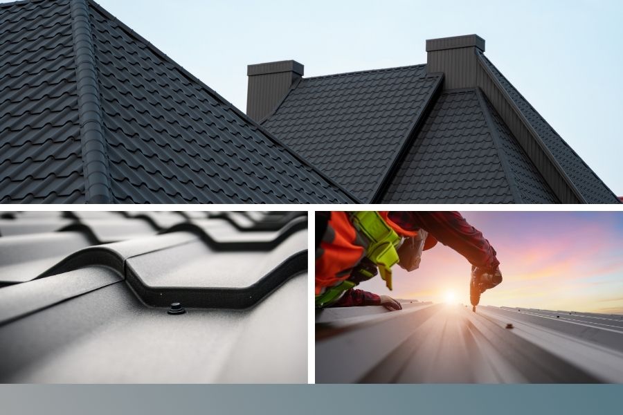 metal roof installed with a close up of the material and a finished metal roof install