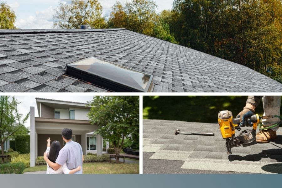 residential roof replacement with roofer and family in front of house