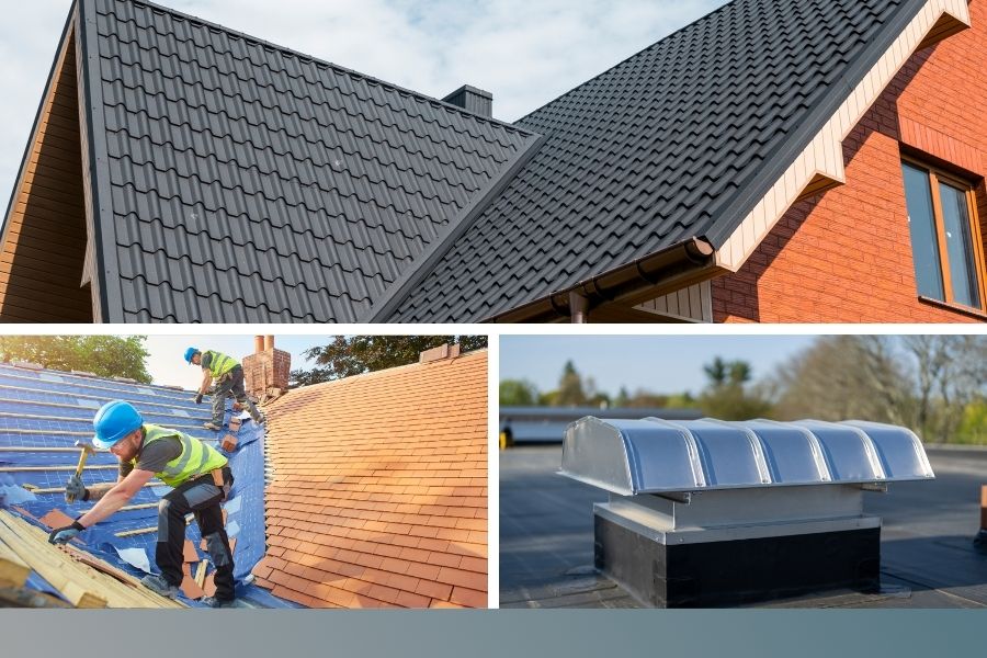 roofers install shingle roof and a picture of a finished metal roof and roof vent