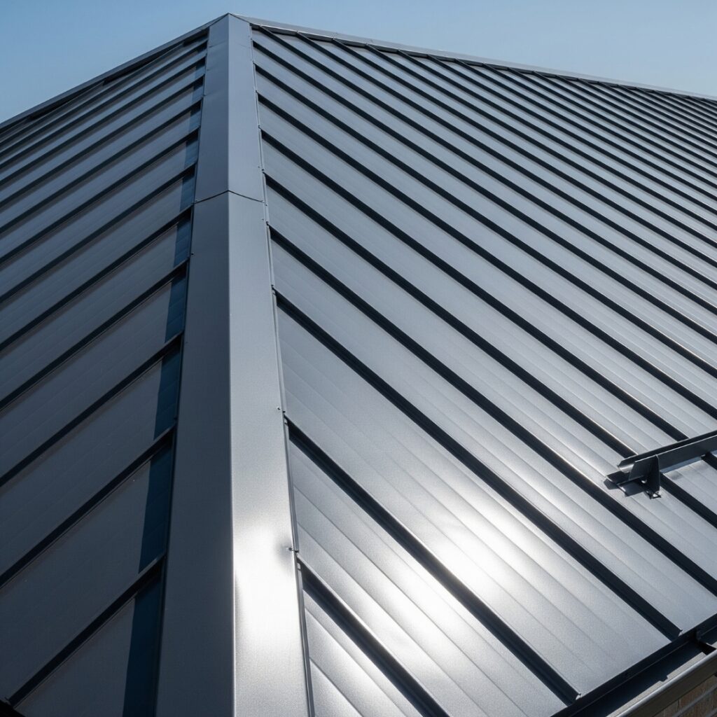 A modern house with a sleek, standing seam metal roof