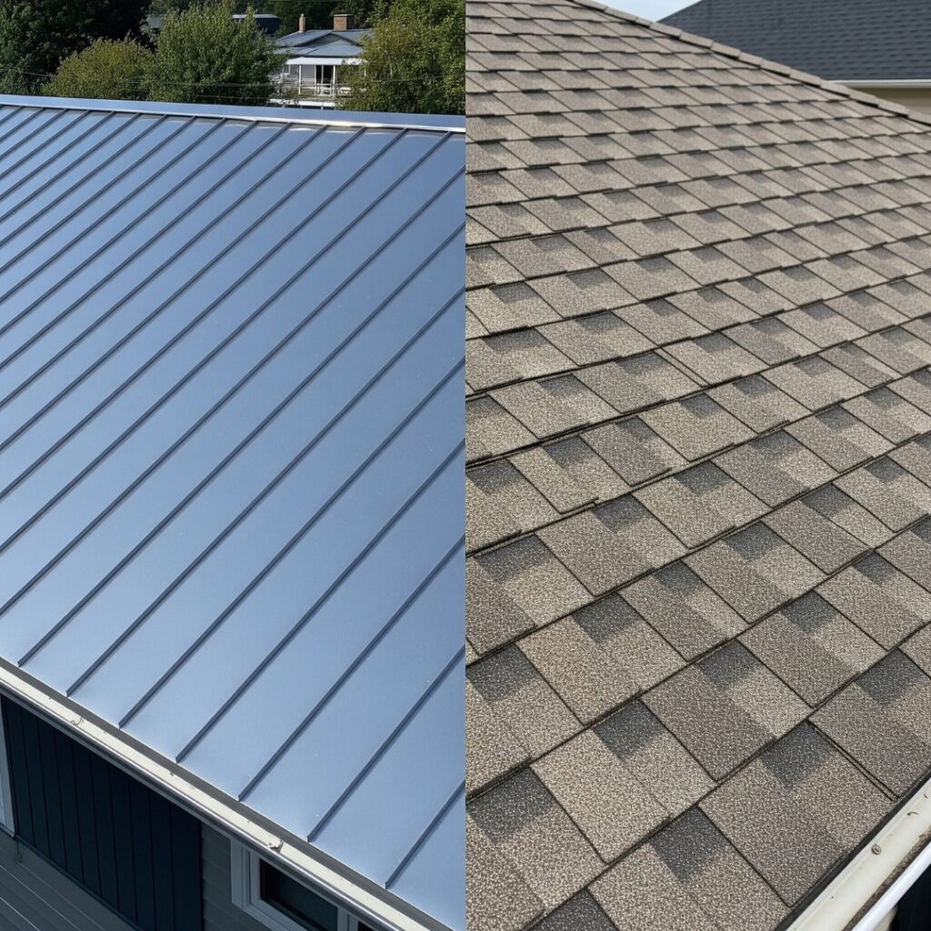 A split image showing a clear comparison between a metal roof on one side and an asphalt shingle roof on the other