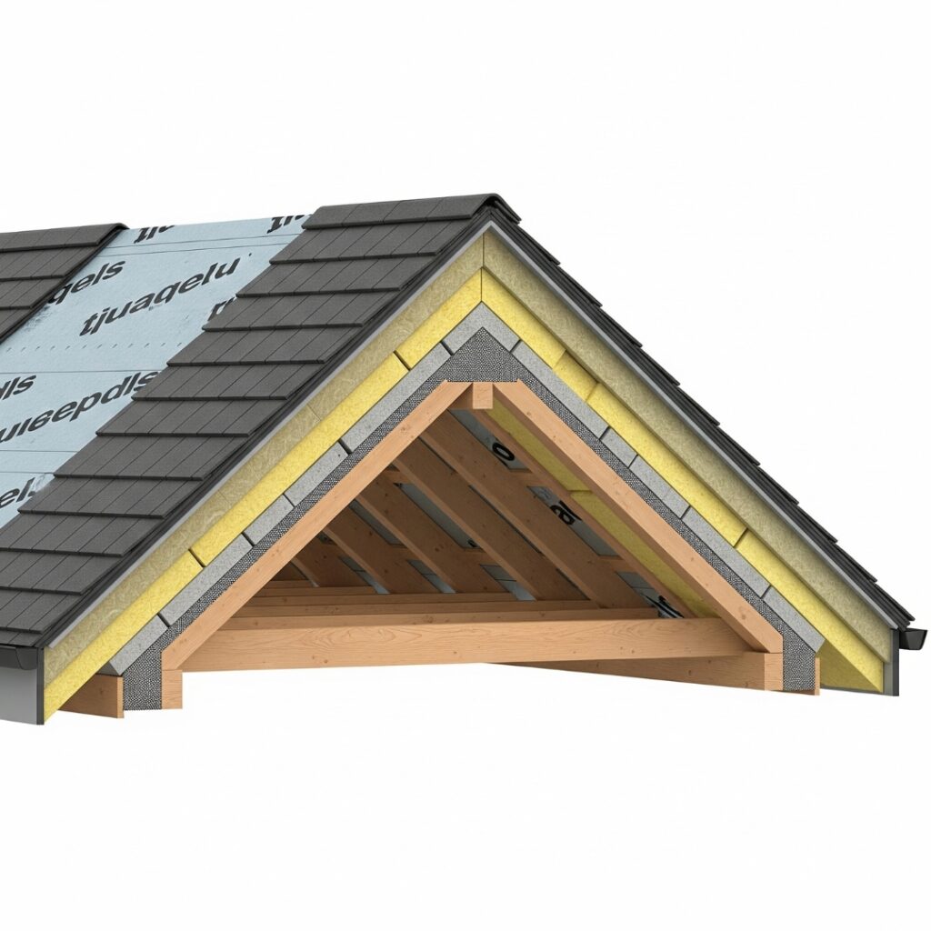Image depicting a cross-section of a roof, showing the layers of material and the underlying structure