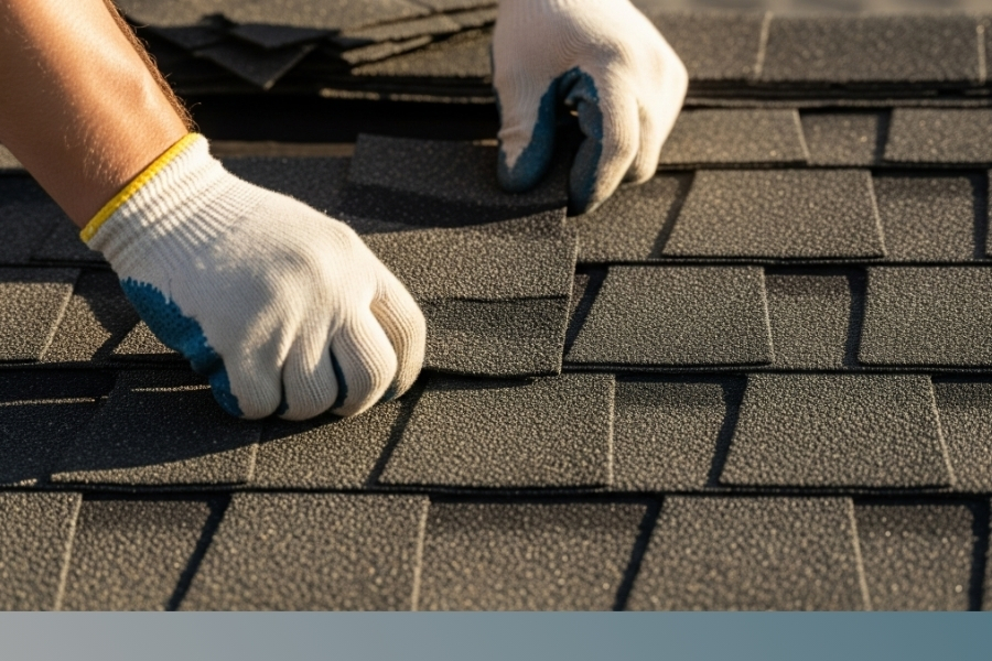 Gloved hands replacing asphault shingles