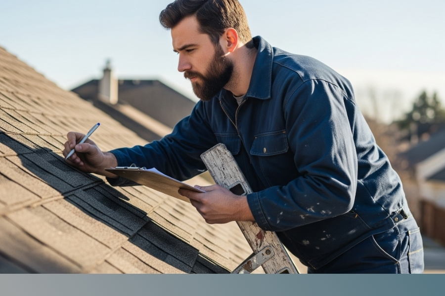Roofer inspecting roof shingles