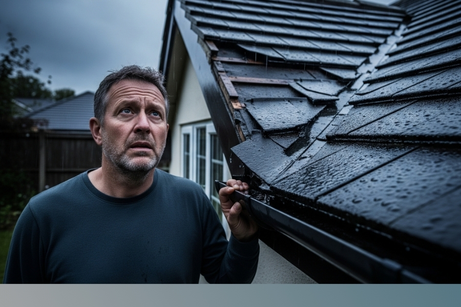 Man looking at his storm-damaged roof