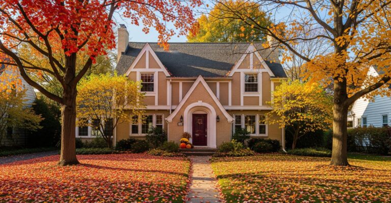 A two-story suburban house surrounded by colorful autumn trees under a clear blue sky.