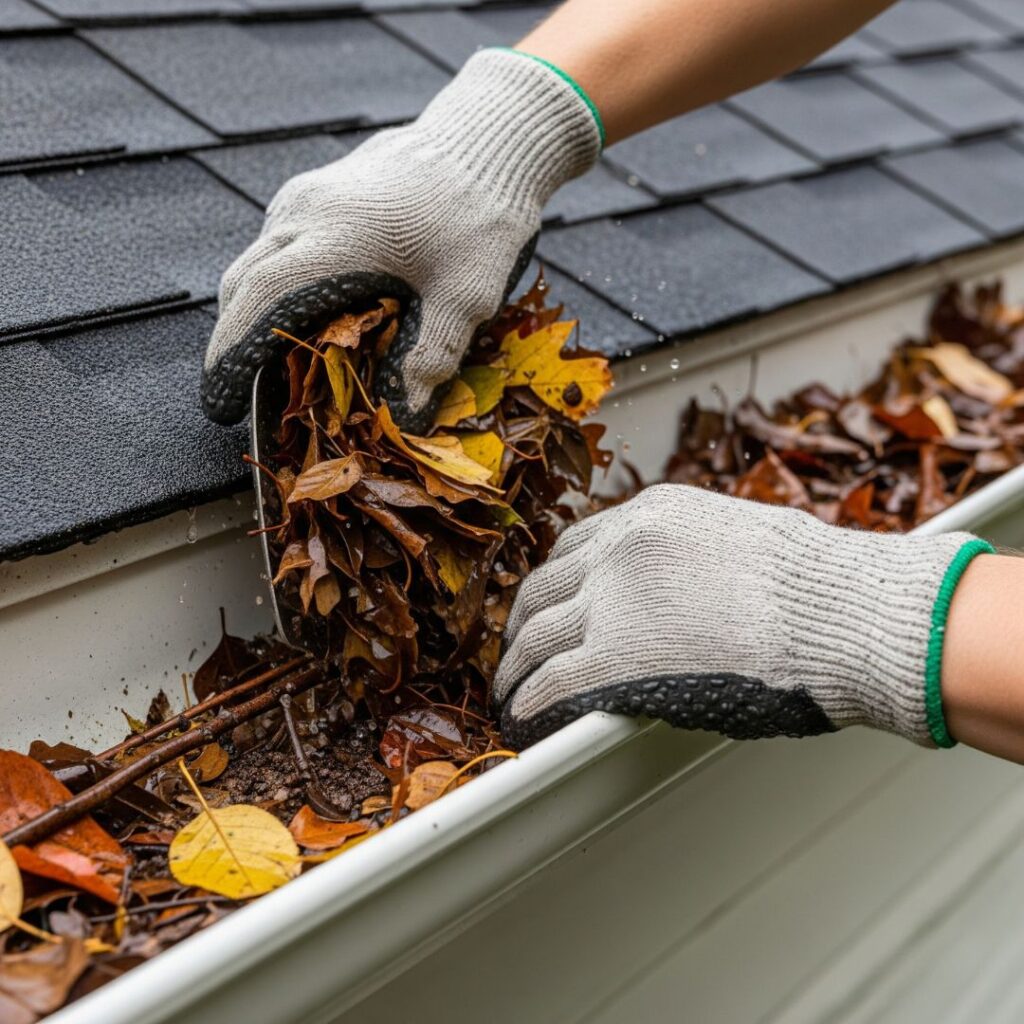 A person wearing work gloves removes handfuls of fallen leaves from a home's gutter.