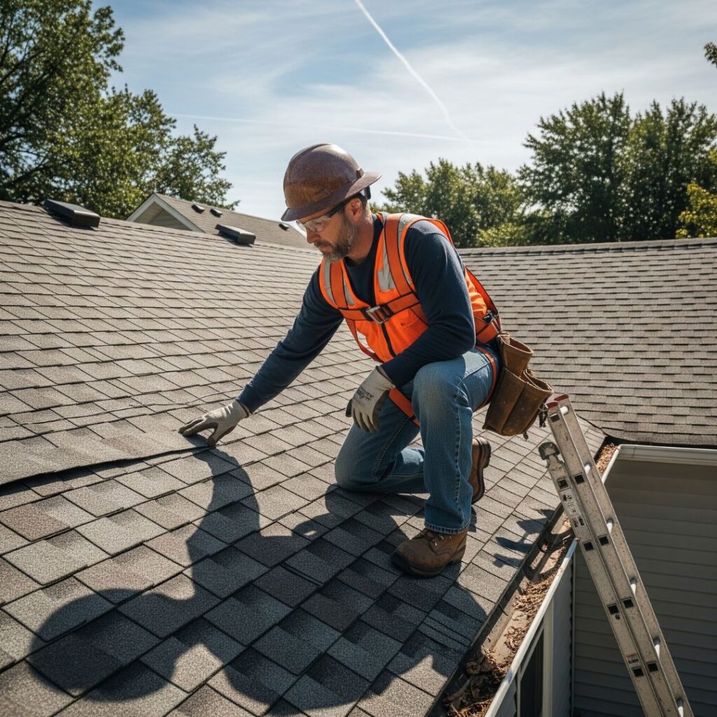 A professional roofer kneels on a residential roof to carefully examine the shingles.