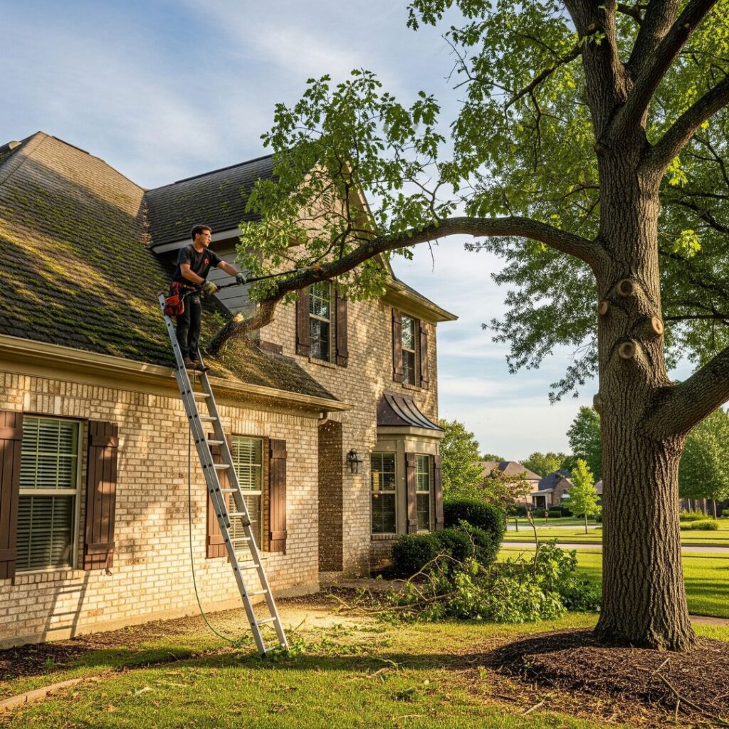 A homeowner safely uses a pole saw to trim a large tree branch near their roof.