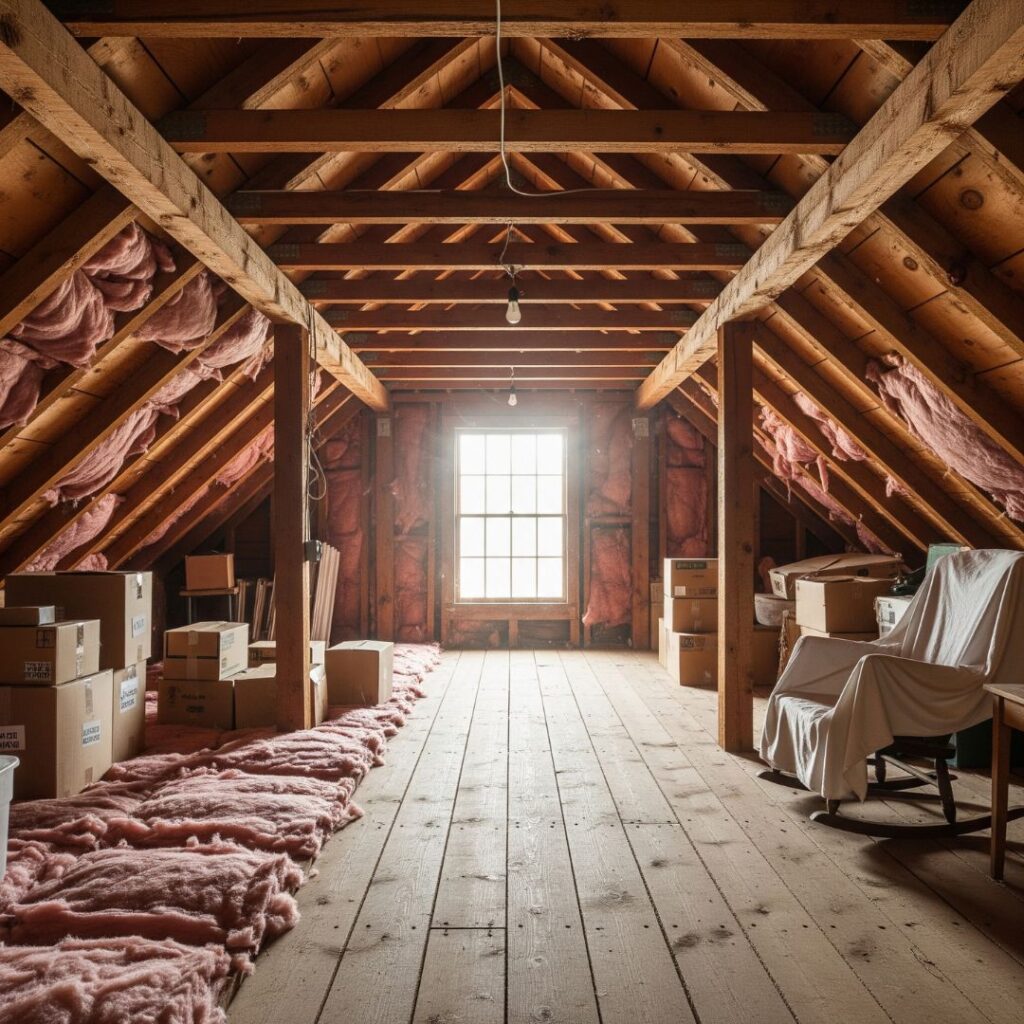 View of a clean and well-insulated attic space showing wooden roof trusses.