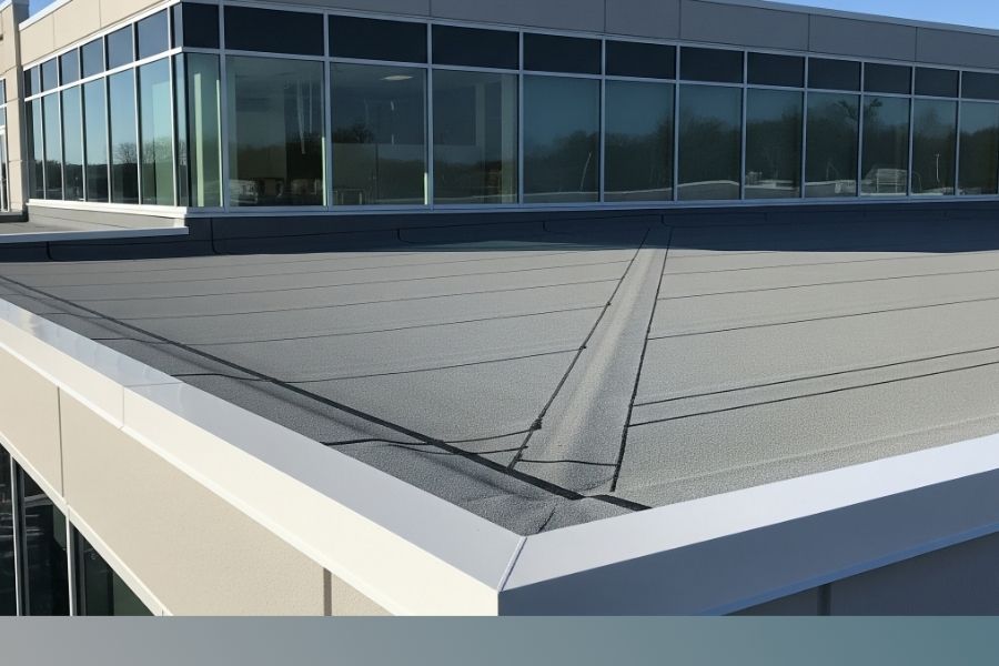 A modern commercial building in Greenbrier with a new, professionally installed flat roof system, ensuring business protection.