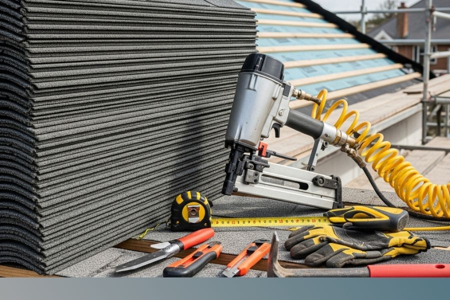 A stack of high-quality roofing shingles and professional tools, symbolizing the quality craftsmanship used by Sparks Roofing.