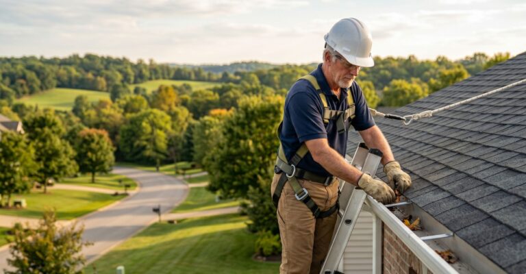 man inspecting gutters