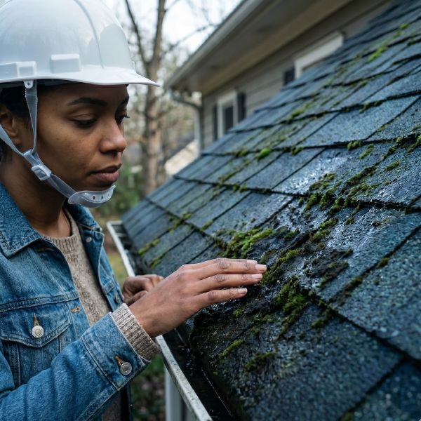 woman examining algae on her roof