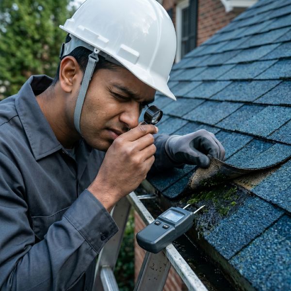 man examining roof for algae
