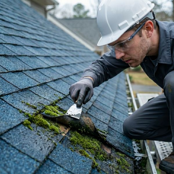 man repairing algae on roof