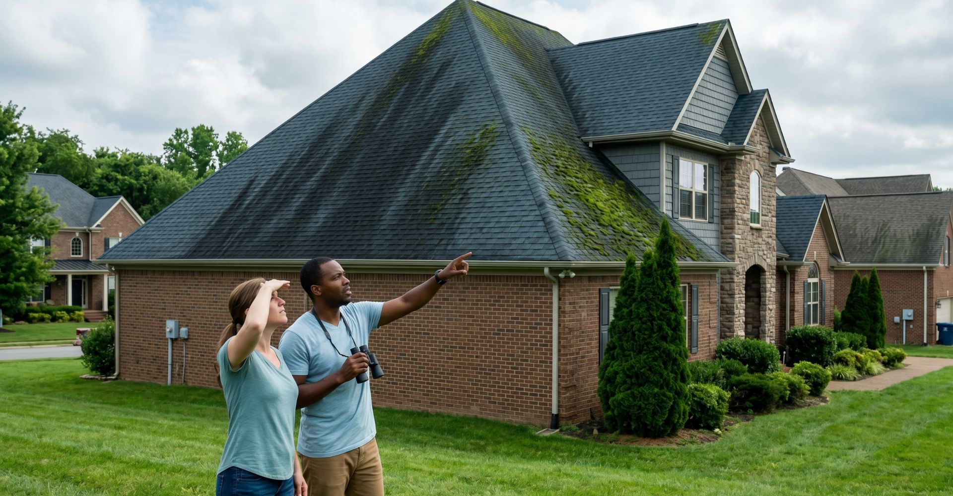 homeowners looking at roofs