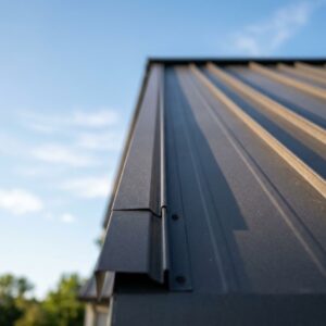 Low-angle perspective of clean, dark bronze standing-seam metal roofing panels pointing towards a bright blue sky.