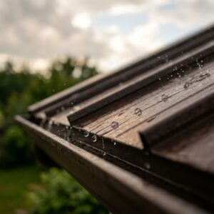 Close-up of fresh rain droplets beading and shedding effortlessly off a modern dark-colored metal roof.