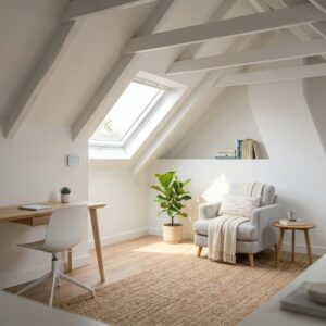 A bright, temperature-controlled attic room conversion featuring a skylight window, a cozy reading chair, and a clean workspace.