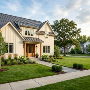 Exterior view of a modern two-story farmhouse home with white siding, a sleek dark metal roof, and professional landscaping.