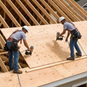 Contractors installing solid wood decking on a pitched roof.