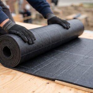 Close-up of waterproof roofing underlayment being unrolled.