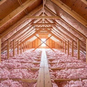 a well-lit attic space highlighting attic insulation