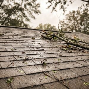 Tree debris scattered on a wet residential shingle roof after a storm.