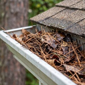 gutter is completely packed with a dense, matted mix of decomposing brown leaves, pine needles, and twigs